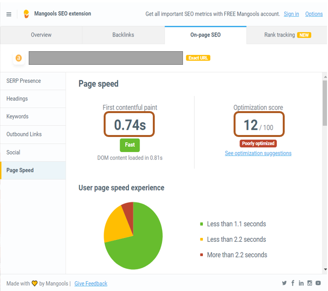 Example and interface of SEO Quick Inspection of Metrics, Backlinks & On-page with Extension by Mangools